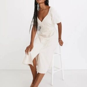 Madewell Women's Puff-Sleeve Button-Wrap Midi Dress in Undyed Stripe